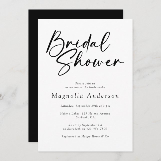 Minimalist Modern Black White Bridal Shower Invitation (Front/Back)
