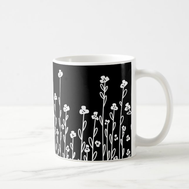 Minimalist modern black white doodle floral coffee mug (Right)