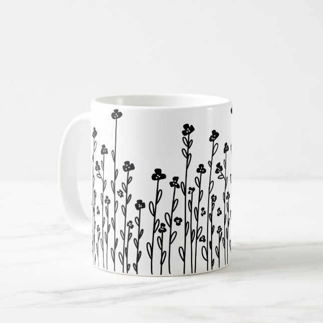 Minimalist modern black white doodle floral coffee mug (Front Left)