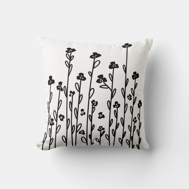 Minimalist modern black white doodle floral cushion (Front)