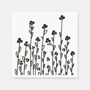 Minimalist modern black white doodle floral napkin