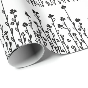 Minimalist modern black white doodle floral wrapping paper