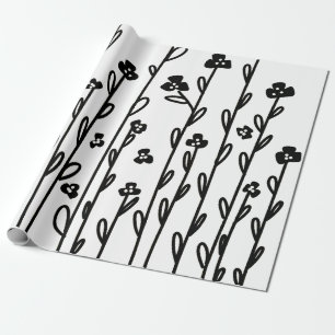 Minimalist modern black white doodle floral wrapping paper