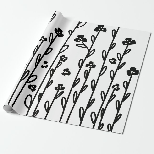 Minimalist modern black white doodle floral wrapping paper (Unrolled)