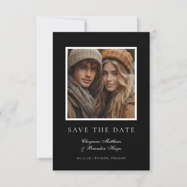 Minimalist Modern Black White Elegant Photo  Save The Date (Front)