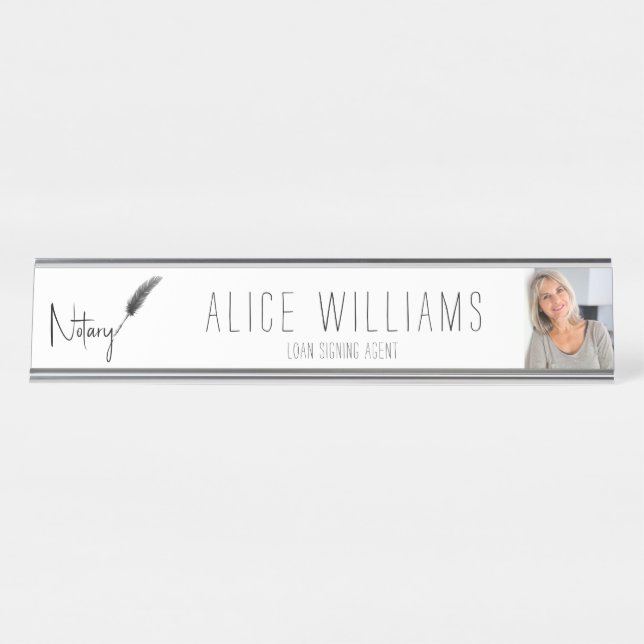 Minimalist Modern Black & White Notary Photo Desk Name Plate (Front)