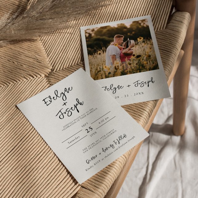Minimalist Modern Black & White Photo Boho Wedding Invitation (Creator Uploaded)