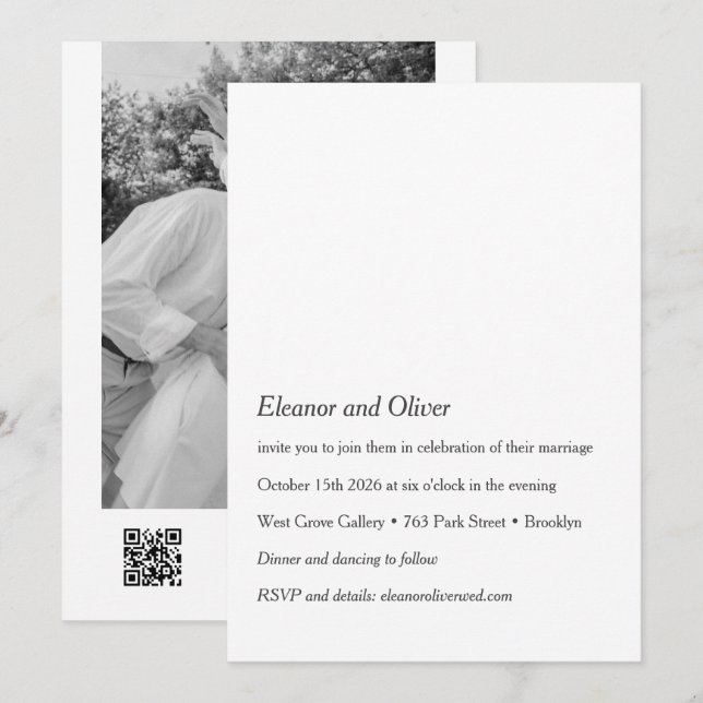 Minimalist Modern Black White Photo QR Wedding Invitation (Front/Back)
