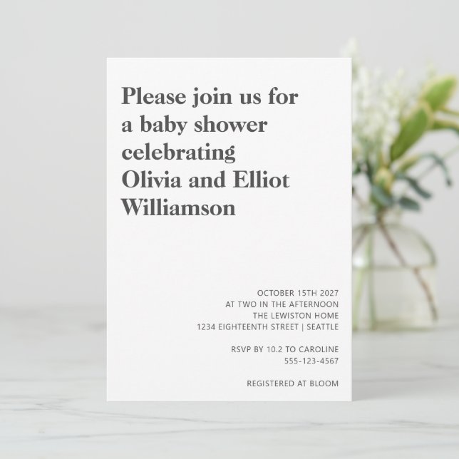 Minimalist Modern Black White Simple Baby Shower Invitation (Standing Front)