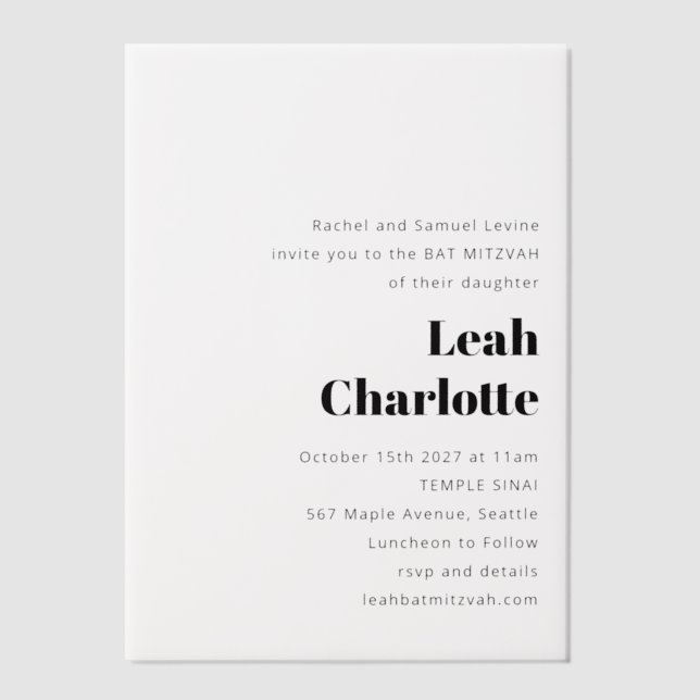Minimalist Modern Black White Simple Bat Mitzvah Vellum Invitations (Front)