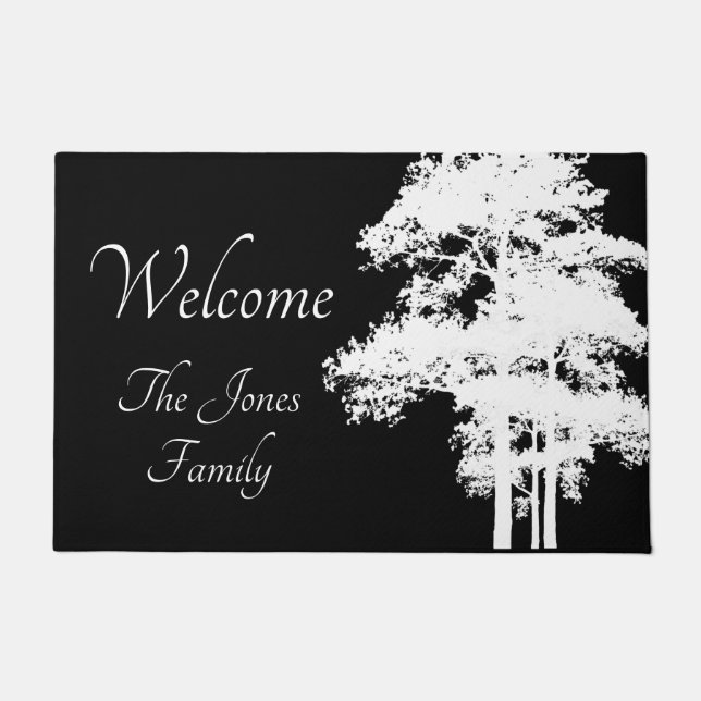 Minimalist modern black white tree silhouette doormat (Front)