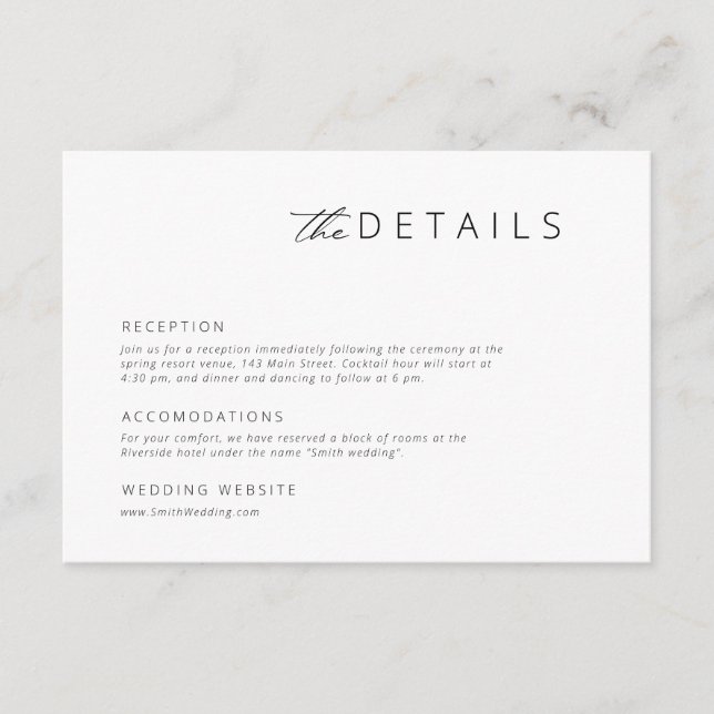 Minimalist Modern Black | White Wedding Details Enclosure Card (Front)