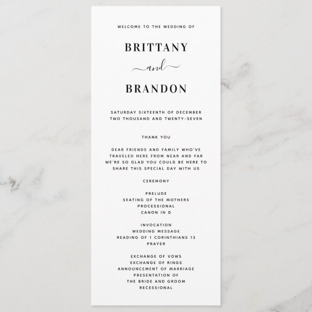 Minimalist Modern Black & White Wedding Programme (Front)