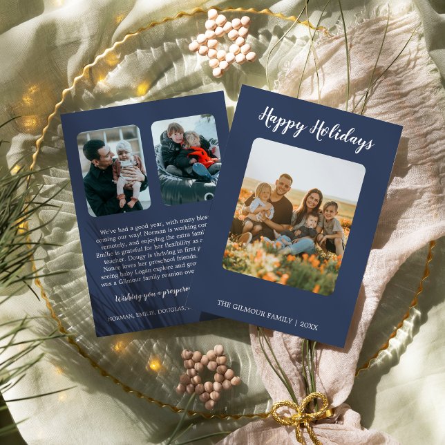 Minimalist Modern|Blue 3 Photo Happy Holidays News Holiday Card (Creator Uploaded)