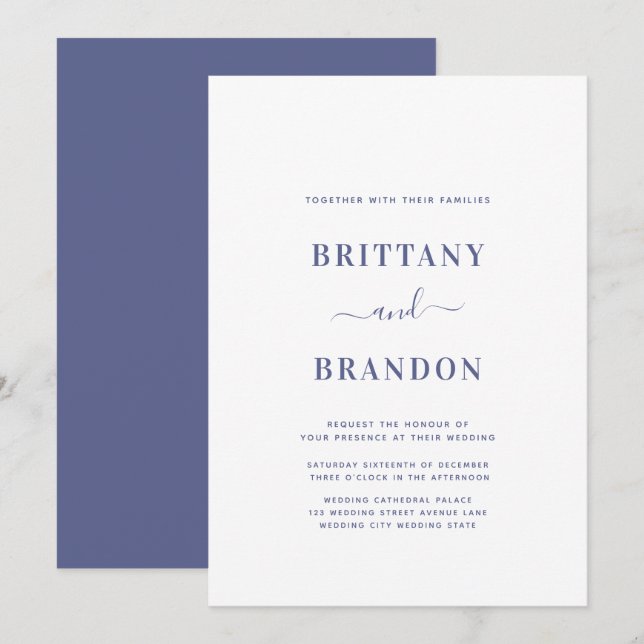 Minimalist Modern Blue and White Wedding Invitation (Front/Back)