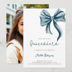 Minimalist Modern Blue Bow Girly Photo Quinceanera Invitation