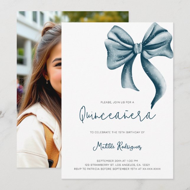 Minimalist Modern Blue Bow Girly Photo Quinceanera Invitation (Front/Back)