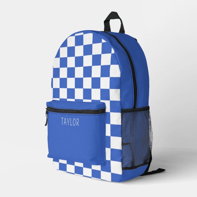 Minimalist Modern Blue Chequerboard  Printed Backpack (Back Corner Right)