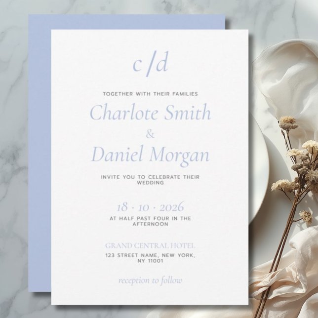 Minimalist modern blue white wedding invitation (Creator Uploaded)