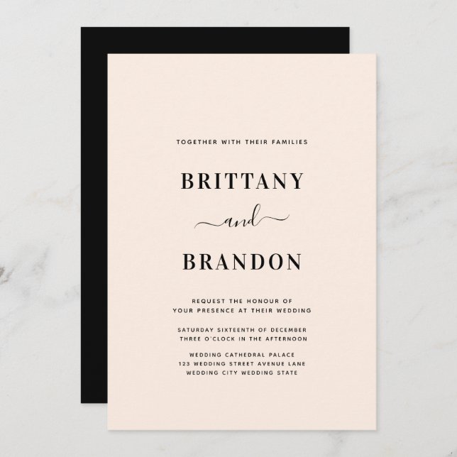 Minimalist Modern Blush Pink Black Wedding Invitation (Front/Back)