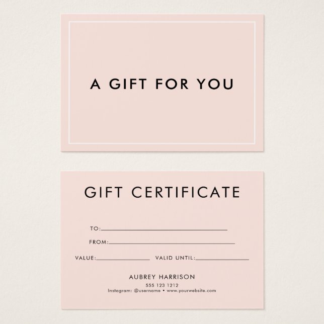 Minimalist Modern Blush Pink Gift Certificate (Front & Back)