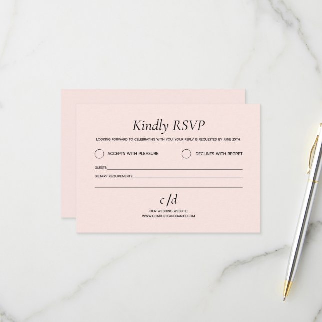 Minimalist modern blush pink wedding  RSVP card (Front/Back In Situ)