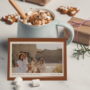 Minimalist Modern Boho Brown 1 Photo Real Foil Holiday Card