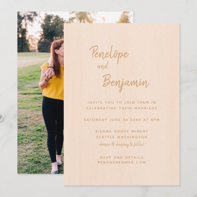 Minimalist Modern Boho Peach Photo Wedding Invitation (Front/Back)