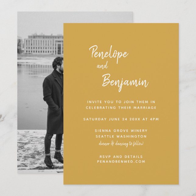 Minimalist Modern Boho Yellow Photo Wedding Invitation (Front/Back)