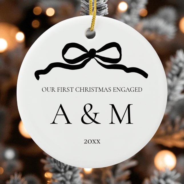 Minimalist Modern Bow First Christmas Engaged Ceramic Tree Decoration (Minimalist Modern Bow Black and White First Christmas Engaged Ceramic Ornament)