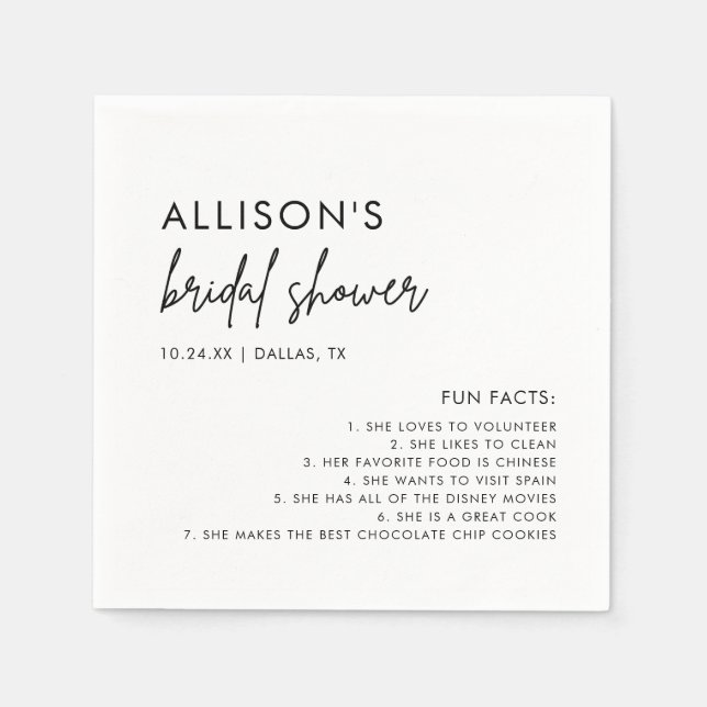 Minimalist Modern Bridal Shower Fun Facts Napkins (Front)