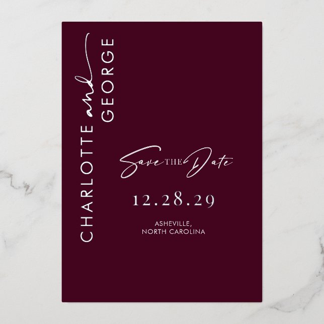 Minimalist Modern Burgundy Silver Save The Date (Front)