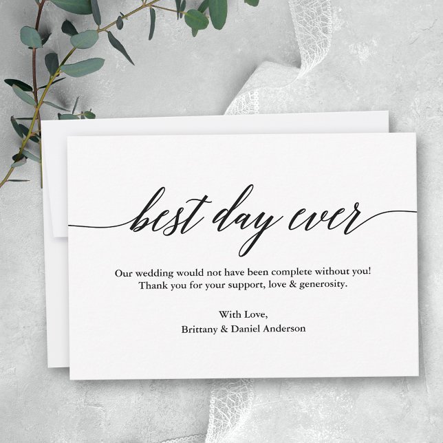 Minimalist Modern Calligraphy Best Day Wedding Thank You Card (Customize to change your personalized text size or to add more text or photos to back of card.)
