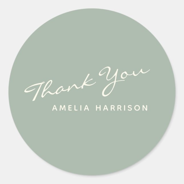 Minimalist Modern Calligraphy Green Name Thank You Classic Round Sticker (Front)