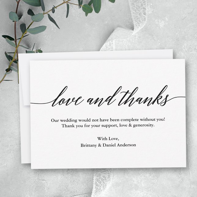 Minimalist Modern Calligraphy Love Thanks Wedding Thank You Card (Customize to change your personalized text size or to add more text or photos to back of card.)