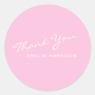 Minimalist Modern Calligraphy Pink Name Thank You Classic Round Sticker