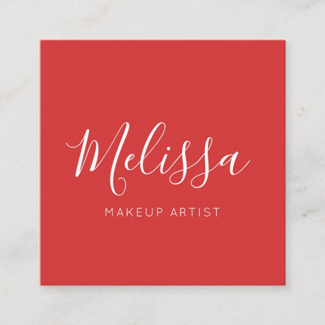 Minimalist Modern Calligraphy Red Square Business Card (Front)