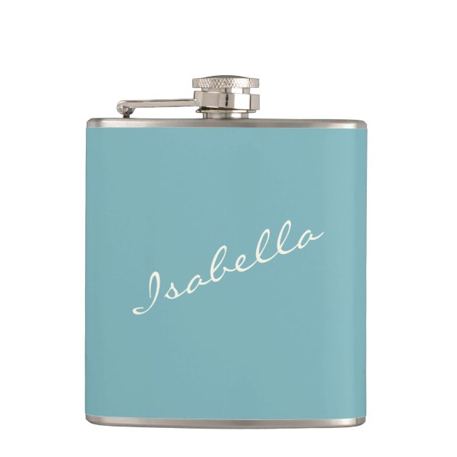 Minimalist Modern Calligraphy Teal Name Wedding Hip Flask (Front)
