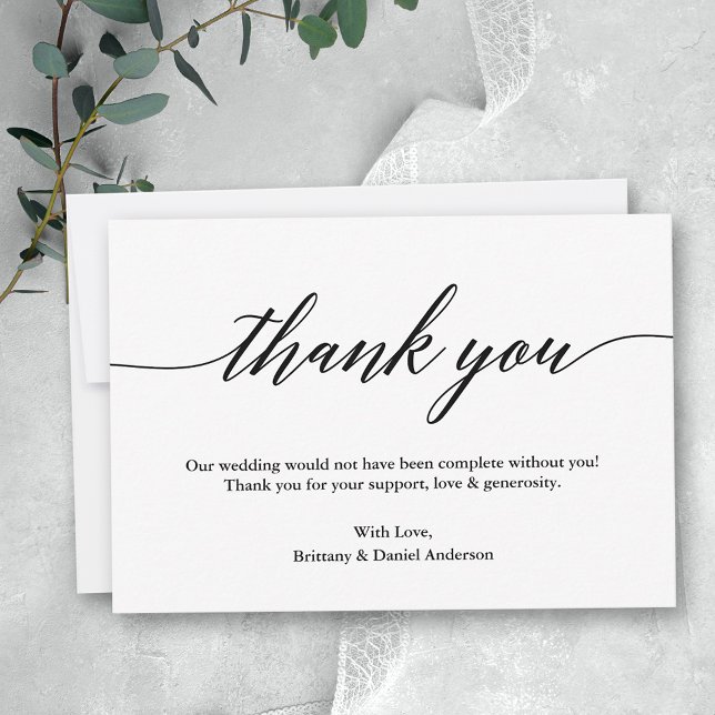 Minimalist Modern Calligraphy Wedding Thank You Card (Customize to change your personalized text size or to add more text or photos to back of card.)
