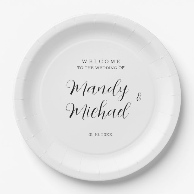 Minimalist Modern Calligraphy Wedding Welcome Paper Plate (Front)