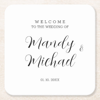 Minimalist Modern Calligraphy Wedding Welcome Square Paper Coaster