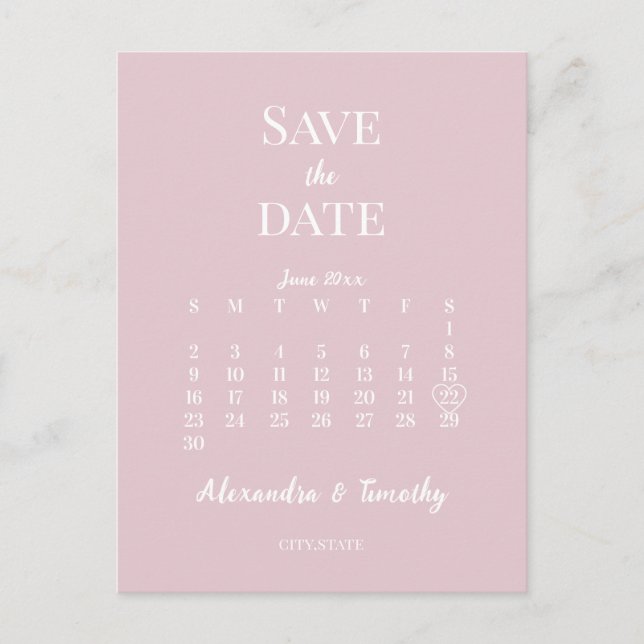 Minimalist Modern Champagne Pink Calendar Wedding Announcement Postcard (Front)