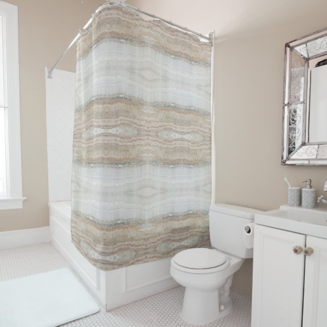 minimalist modern chic beige tan white grey marble shower curtain (In Situ)