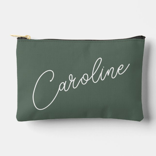 Minimalist Modern Chic Calligraphy Name Dark Sage Accessory Pouch (Front)