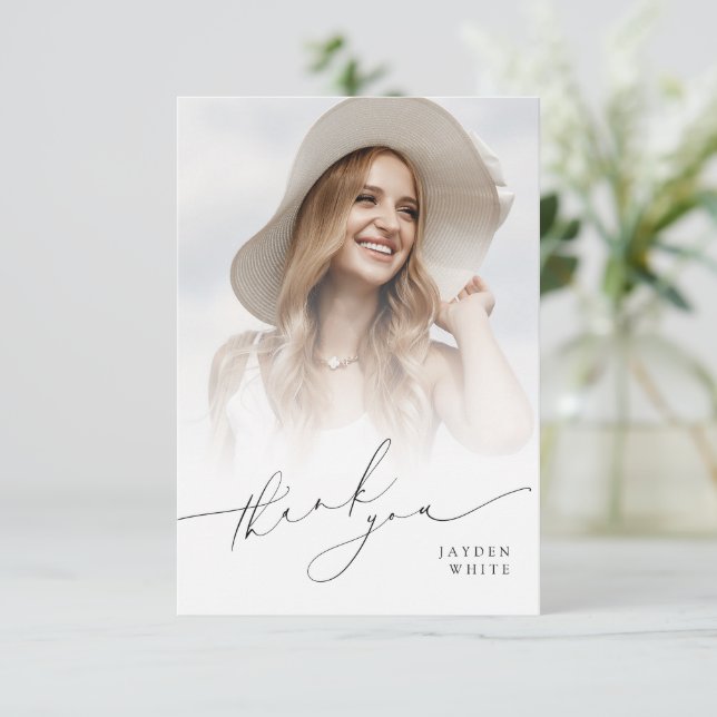Minimalist Modern Chic Script Photo Graduation Thank You Card (Standing Front)