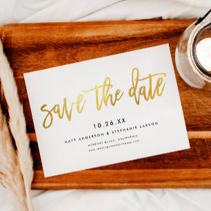 Minimalist Modern Chic Script White + Gold Save The Date