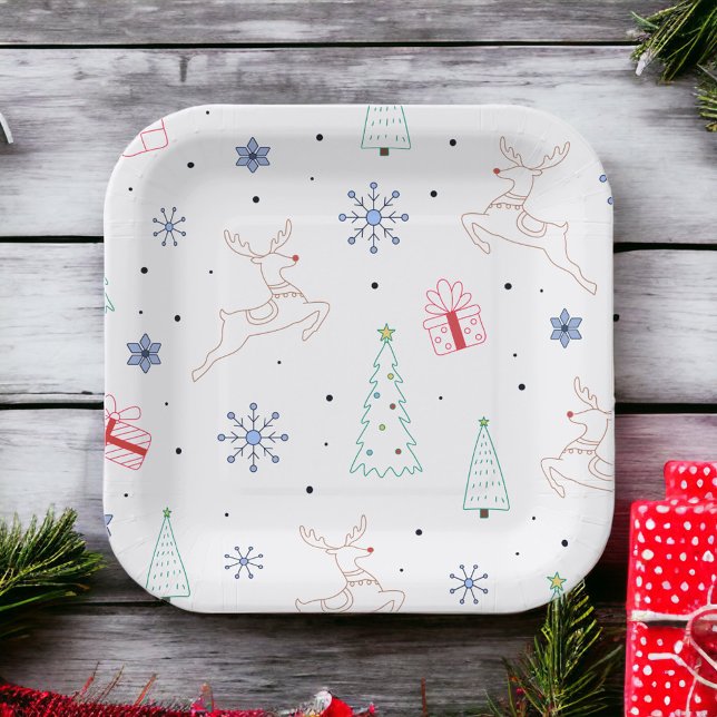 Minimalist Modern Christmas Colour Line Art Paper Plate (Creator Uploaded)