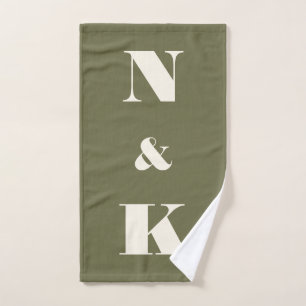 Minimalist Modern Couple Monogram Olive Green Bath Towel Set