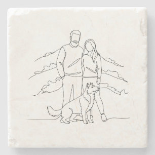 Minimalist Modern Couple with Dog Line Art Drawing Stone Coaster