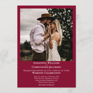 Minimalist Modern Cranberry Red Photo Wedding Invitation